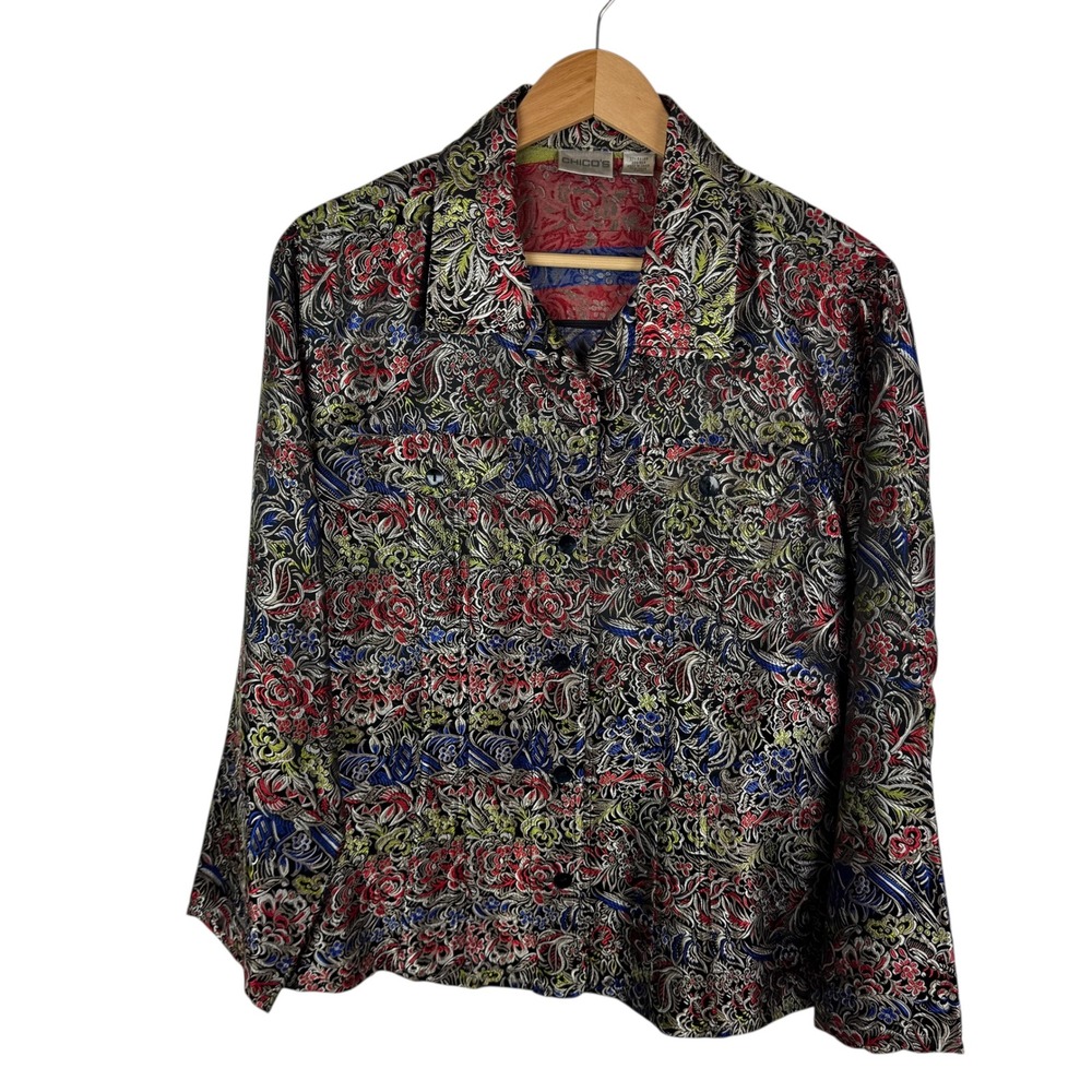 Chicos Floral Silk Button Down Jacket Shirt Sz 2 Large Colorful Boho Maximalist